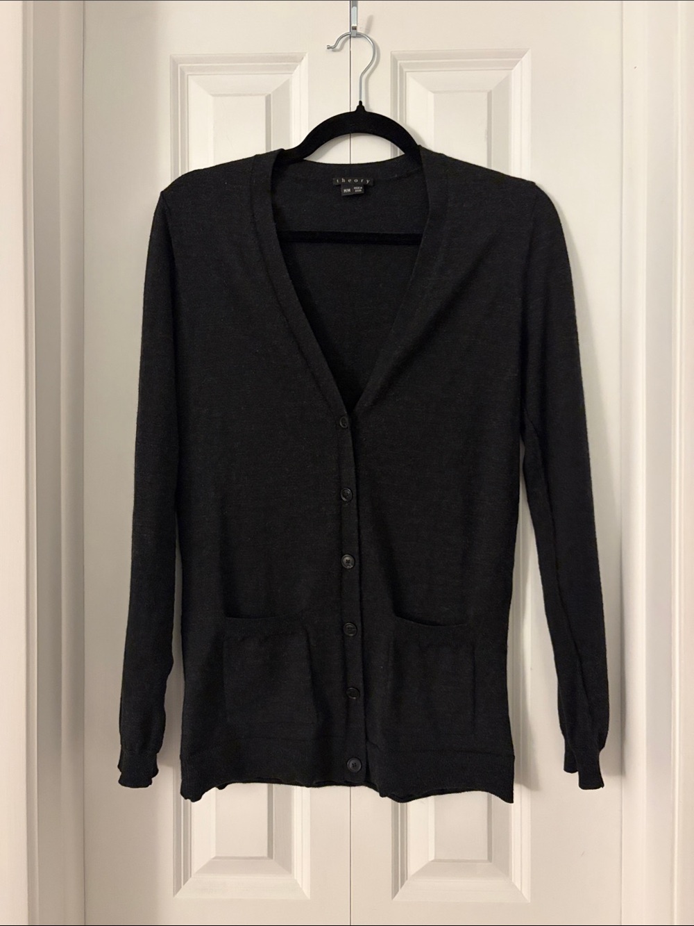 Theory Charcoal Black V-Neck Button Cardigan Sweater - Women, size M